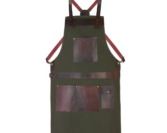 Green Canvas Apron with Leather Pockets: Adjustable Chef Apron