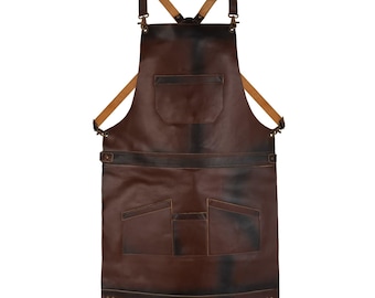 Full Grain Leather Cross-Back Apron, Multi-Pocket Workshop Wear (Brown)