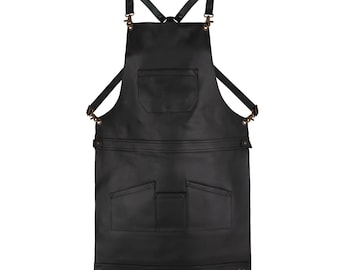 Full Grain Leather Cross-Back Apron, Multi-Pocket Workshop Wear (Black )