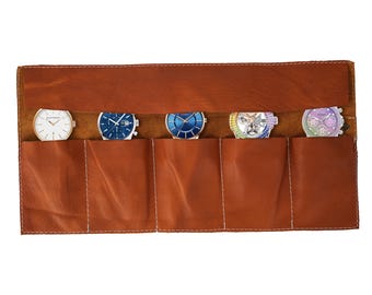 Full Grain Leather handmade Tan Watch Roll with Travel Pouch by Tanner London LTD Gift case
