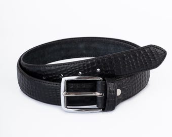 Classic Black Leather Belt – Textured Genuine Leather with Silver Buckle