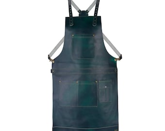 Premium Full Grain Leather Apron Green, 3 Big Pockets, 1 Small Pocket—Butcher,Cook, BBQ,Barber,Blacksmith Crossbody Bib Design Unisex Gift..