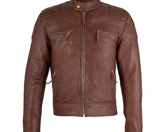 Men's Handmade Brown Leather Biker Jacket: Full Grain Cowhide Racer
