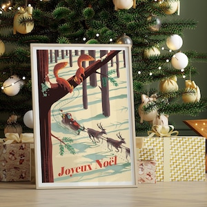 Póster navideño con texto en francés, decoración navideña, impresión artística de Papá Noel en trineo de renos y ardillas, arte mural de Papá Noel, regalo de Navidad.