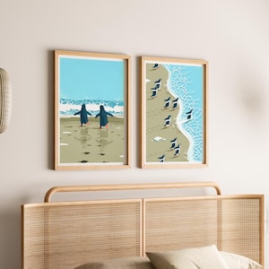 Playa de Pinguinos Conjunto de 2 Láminas para la Habitación del Bebé, la Sala de Estar o Sala de Juegos para Niños, Carteles Antárticos
