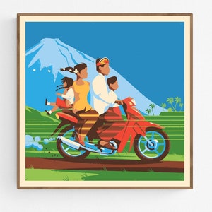 Bali Moto Póster de Viaje cuadrado, Lámina Cuadrada de Indonesia, Decoración de Pared Asia, Cartel Ilustración Gráfica Asiático