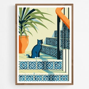 Black Cat on Stairs with Azulejos Tiles Art Print | Mediterranean Poster | Gift | Original Cat Illustration | Wall Home Decor Handmade