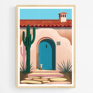 Classic Desert House Poster with Chihuahua, Southwestern USA Inspired Dog Print, Santa Fe Illustration, New Mexico, Cactus Wall Art