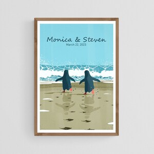 Cadeau voor Koppel, Hem, Haar, Beste Vriend, Verjaardag, Huwelijk, Valentijnsdagcadeau, Gepersonaliseerde Pinguin Art Print, Strand Poster