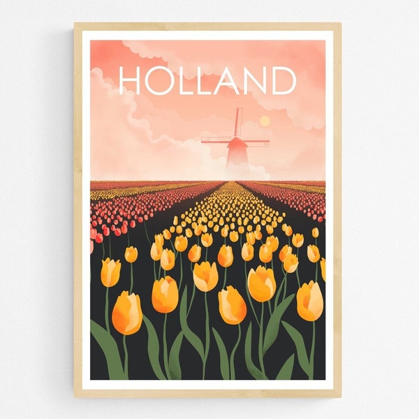 Affiche Hollande Champs de Tulipes, Printemps aux Pays-Bas, Affiche de Voyage, Décoration Murale Fleurs, Tirage Moulin à Vent Hollandais