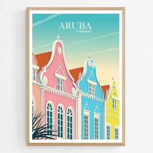 Aruba Oranjestad Reisposter, Caribische Art Print, Reizen poster, Kleurrijke Architectuur Wanddecoratie Cadeau, Antillen Illustratie
