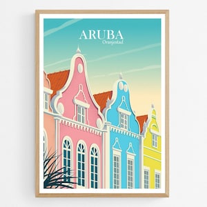 Póster de viaje de Aruba Oranjestad, impresión artística del Caribe, decoración de pared de viaje, regalo de arte de pared de arquitectura colorida, ilustración de las Antillas