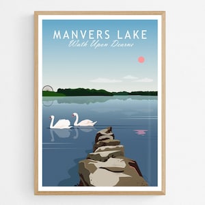 Manvers Lake Poster, Wath upon Dearne, Rotherham Reise-Kunstdruck, Schwäne Wohndekor, England, Vereinigtes Königreich