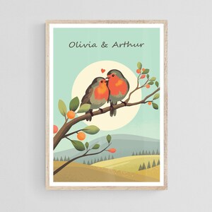 Aangepaste Roodborstjes Print, Cadeau voor Koppel, Hem of Haar, verliefde Vogels Poster, Romantisch Valentijn Cadeau, Rustieke Decoratie