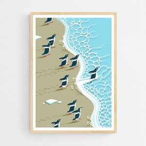 Penguin Beach Art Print / Antarctica Illustrated Wall Art / Antarctic Coastal Poster / Penguin Beach Illustration