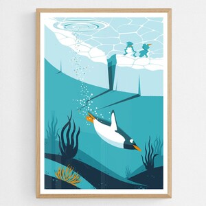 Pingüino de Buceo Póster, Lámina de ilustración de la Antártida / Decoración de la Pared / Ilustración Original