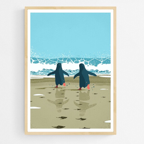 Strand Pinguins Poster / Antarctica Illustratie voor aan de Muur / Antarctische Art Print