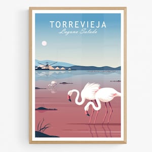 Cartel de Torrevieja España, Torrevieja La Mata Salt Lake Costa Blanca Travel Art Print, Flamencos en el Lago Rosa, Decoración del hogar, Alicante
