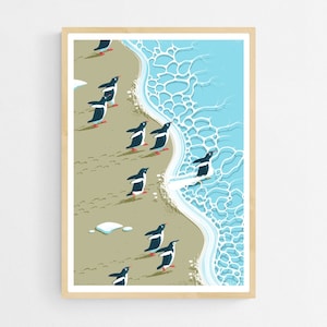Penguin Beach Art Print, Antarctica Coastal Illustration
