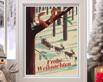 Christmas Poster with German text, Holiday Wall Art, Santa in Reindeer Sleigh and Squirrels Art Print, Santa Claus Decor, Xmas Gift