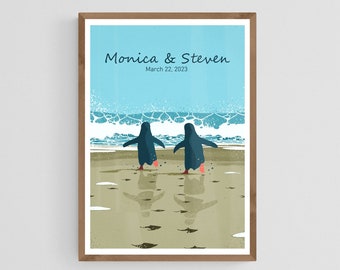 Gift for Couple, Him, Her, Friend, Bestie, Birthday, Wedding Anniversary, Valentines Day Gift, Personalized Penguin Art Print, Beach Poster