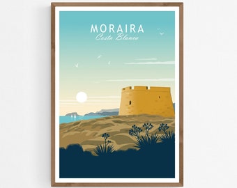 Moraira, Costa Blanca Travel Poster, Castillo de Moraira Art Print, Spain Illustration, Spanish Castle Wall Art, Mediterranean Home Decor