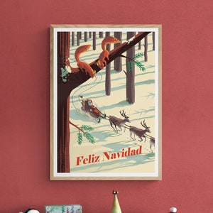 Póster de Navidad con deseo español Feliz Navidad, Lámina de Papá Noel y Trineo de Renos, Decoración Navideña, Regalo de Navidad, Arte Pared