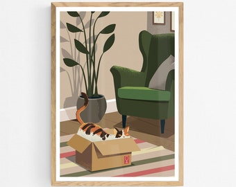 Cat in a Box Art Print, Calico Cat in a Living Room with Armchair and Plant, Cat Lover Gift, Funny Cat Poster, Pet Animal Wall Decor
