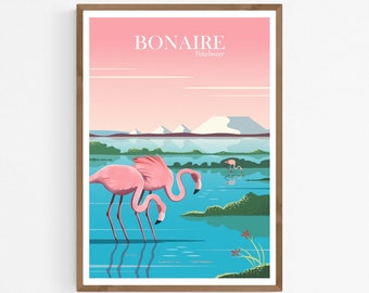 Bonaire Travel Poster, Caribbean Flamingos Art Print, Pekelmeer Sanctuary Wall Decor, Colorful Wall Art Gift, Antilles Illustration