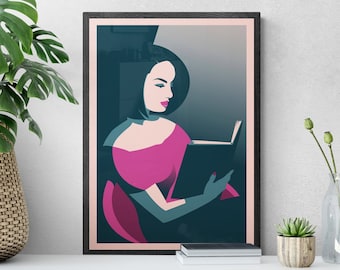 May include: A framed illustration of a woman in a pink dress reading a book. The woman has dark hair and is sitting in a chair. The background is a dark blue color.