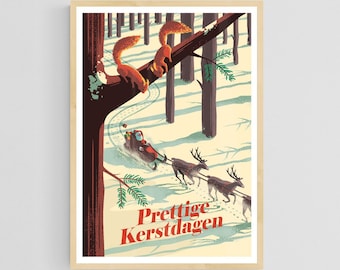 Kerst Art Print met Nederlandse Tekst, Feestdagen Poster, Kerstman in Rendieren Slee en Eekhoorns, Kerstdecoratie, Kerstcadeau