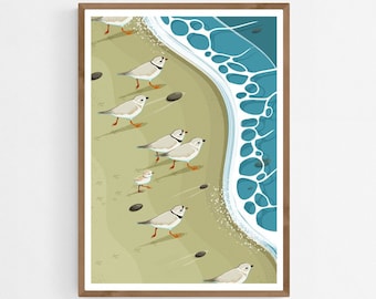 Piping Plovers Chasing the Seashore Art Print, Coastal Birds Poster, Sandpipers Illustration, Beach Wildlife Wall Art, Shorebirds Home Decor