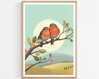 Robins on a Tree Branch Art Print, Birds Couple in Love Poster, Cottagecore Decor, Romantic Gift, Rustic Wall Art