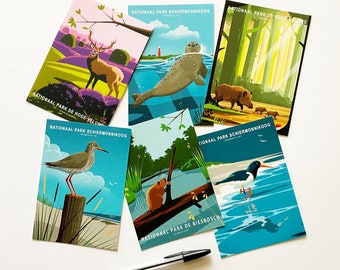 Postcards Set of 6, Dutch National Parks, Hoge Veluwe, De Biesbosch and Schiermonnikoog, Pack of Six Greeting Cards, Bird and Animal Cards