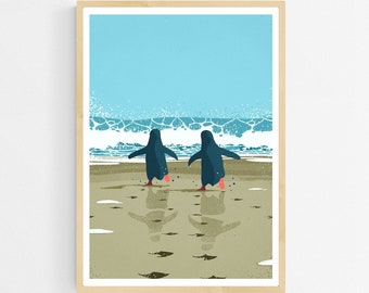 Beach Penguins Art print / Antarctic Winter Wall Art / Coastal Antarctica Poster / Beach Penguins Illustration / Home Decor