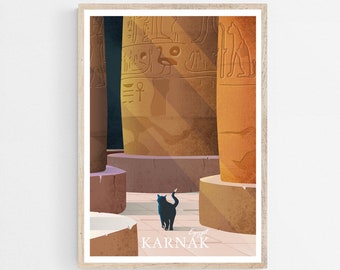 Cat in Karnak Egypt Art Print, Luxor Travel Poster, Egyptian Temple Columns, Ancient Hieroglyphs, Original Home Decor, Black Cat Wall Art