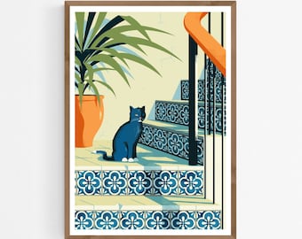 Black Cat on Stairs with Azulejos Tiles Art Print | Mediterranean Poster | Gift | Original Cat Illustration | Wall Home Decor Handmade