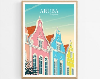 Aruba Oranjestad Travel Poster, Caribbean Art Print, Travel Wall Decor, Colorful Architecture Wall Art Gift, Antilles Illustration