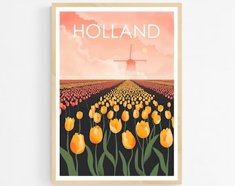 Holland Tulip Fields Art Print, Spring in the Netherlands Travel Poster, Springtime Floral Wall Decor, Dutch Windmill Home Decor