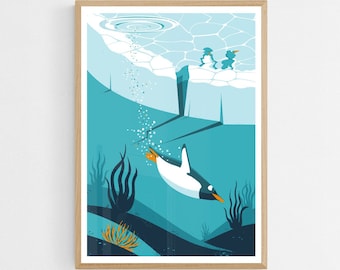 Diving Penguin Art Print, Antarctica Home Decor, Penguin Poster, Nursery, Living Room or Bedroom Wall Art, Original Illustration