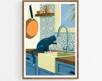 Black Cat in Kitchen with Azulejo Tiles and Faucet Art Print, Mediterranean Poster, Cat Playing Illustration, Cat Lover Gift, Wall Decor