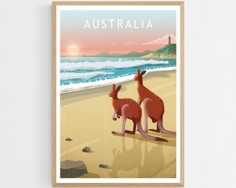 Australia Poster, Kangaroos at Australian Sunset Beach Art Print, Coastal Beach Decor, Wildlife Wall Art, Animal Print Gift