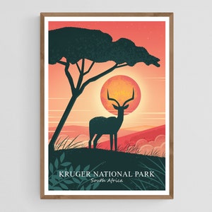 Impresión de un atardecer africano, póster de viaje al Parque Nacional Kruger, Sudáfrica, ilustración de un antílope impala al atardecer, arte mural con animales de la sabana