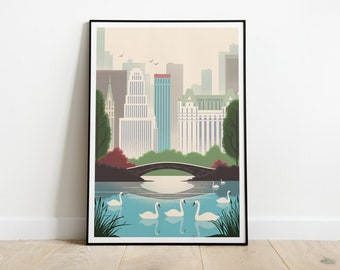 Central Park Art Print, New York City Travel Poster, Swans in the Lake at Gapstow Bridge Illustration, American Wall Decor, Retro Gift