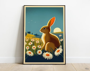 Rabbit in a Daisy Field Poster, 1950s Bunny Art Print, Midcentury Modern Hare Illustration, Retro Nursery or Living Room Decor, Spring Gift