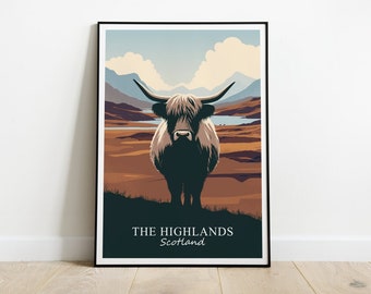 Highland Cow in the Scottish Highlands Poster, Scotland Art Print, Rustic Cattle Illustration, Glencoe Travel Poster, Wall Decor, Gift