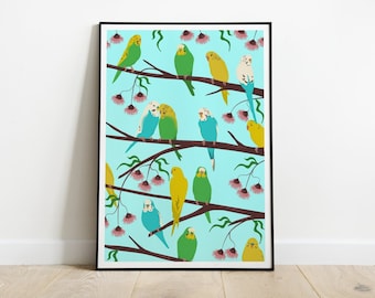 Parakeets Art Print, Budgies in an Australian Gum Tree Poster, Birds and Flowers Wall Art, Wildlife Illustration, Animals Home Decor
