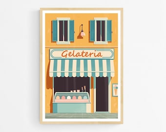 Gelateria Art Print, Italian Ice Cream Parlor Poster, Mediterranean Illustration, Italian Food, Kitchen Wall Decor, Retro Italy Gift