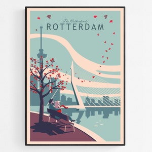 Poster or art print of an illustration of the city of Rotterdam in the Netherlands. It is a romantic scene of a couple sitting on a bench overlooking the river. Leaves drawn as hearts are flying through the sky. Makes a nice Valentines day gift.