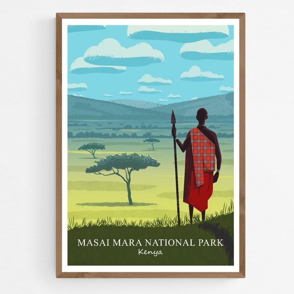 Masai Mara National Park Poster, African Print, Kenya Poster, Maasai Warrior in Traditional Tribal Clothing Illustration, Savanna Wall Art